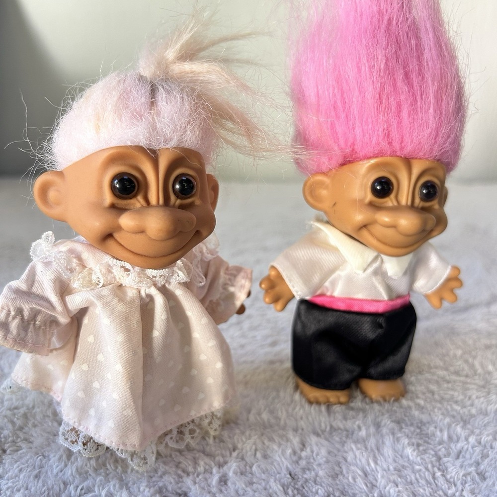 Vintage Russ Troll Doll Girl Nightgown Light Pink‎ Hair& Groom Doll In Tux